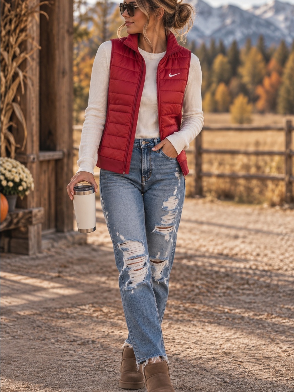 Nike Women’s Red Quilted Vest with Light Blue Distressed Straight Jeans